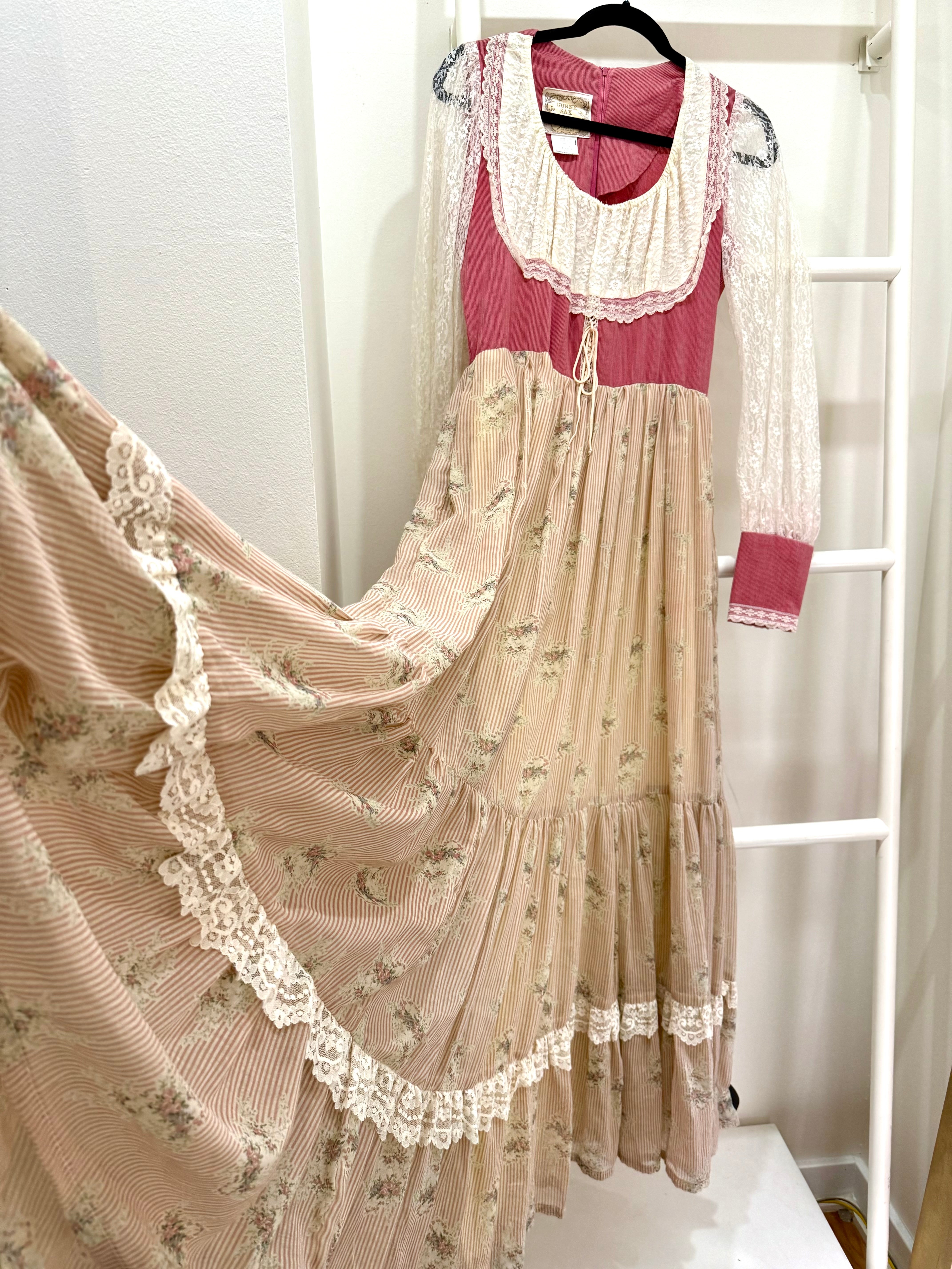 1970s Gunne Sax Pink Corduroy & Floral Maxi Dress