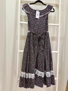 1970s Gunne Sax Dark Calico Ruffle Dress