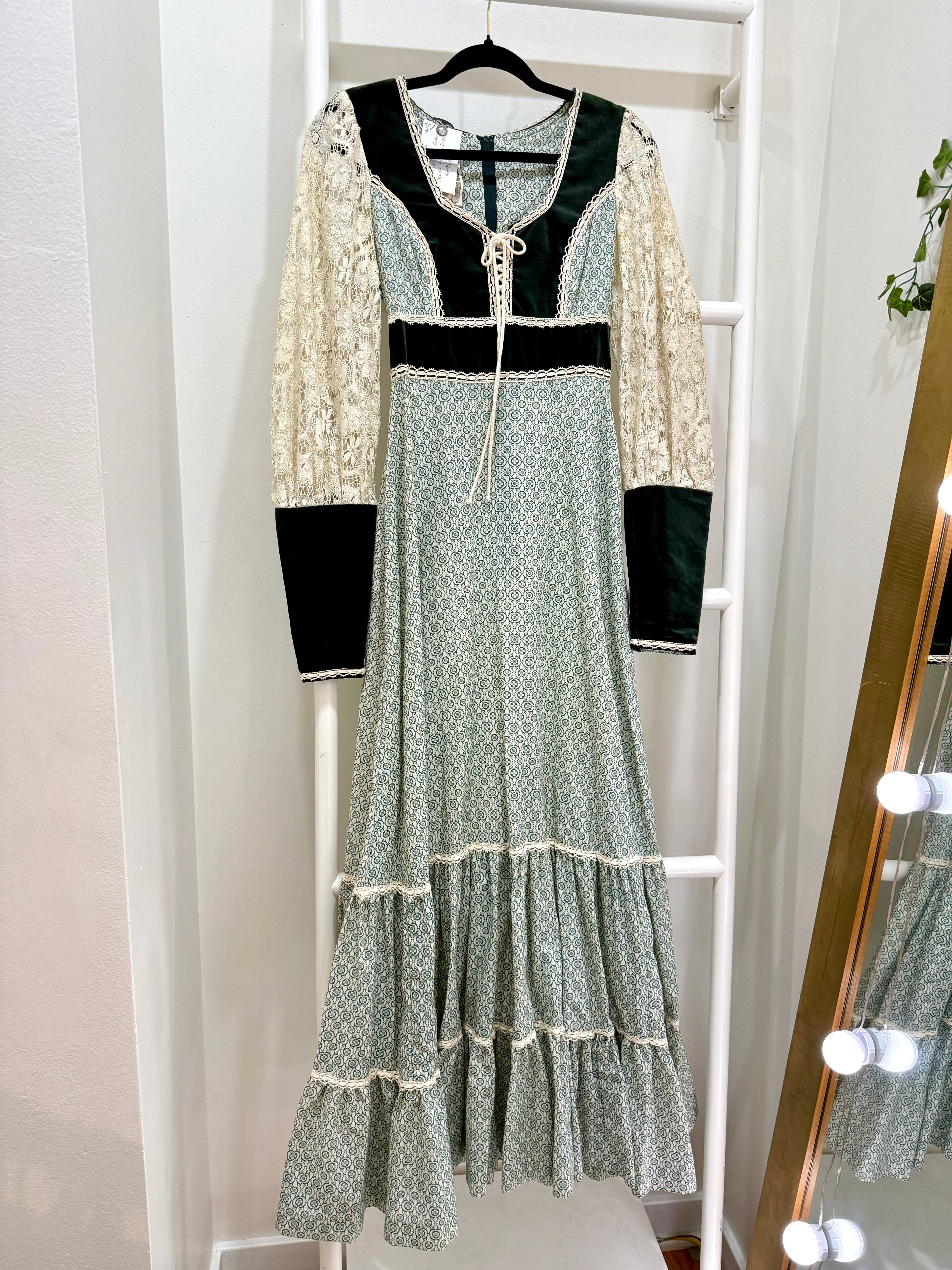 1970s Gunne Sax Green Velvet & Floral Maxi Dress