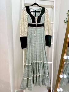 1970s Gunne Sax Green Velvet & Floral Maxi Dress