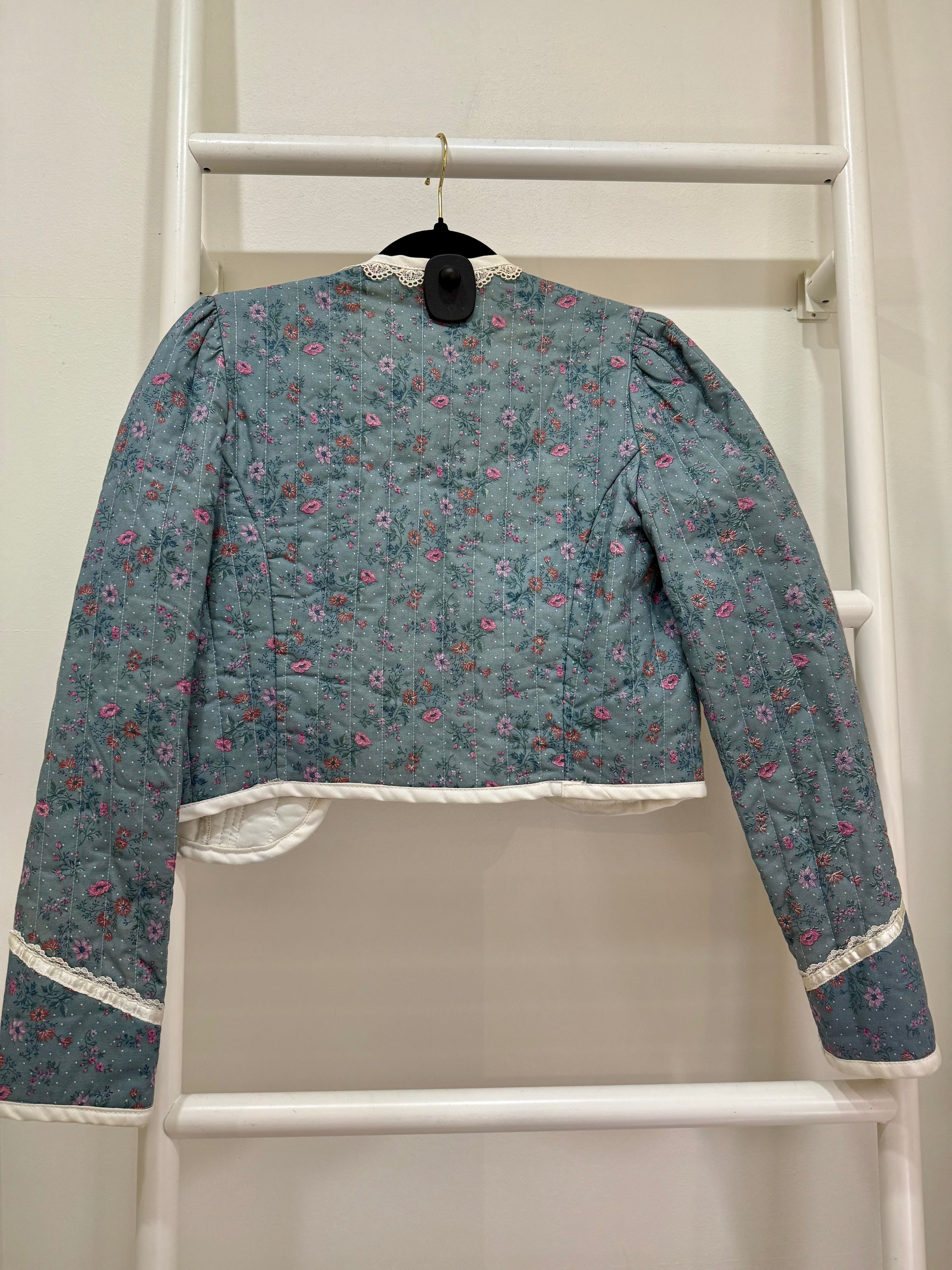 1970s Gunne Sax Blue Calico & Velvet Quilted Jacket