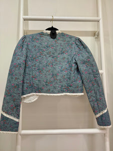1970s Gunne Sax Blue Calico & Velvet Quilted Jacket