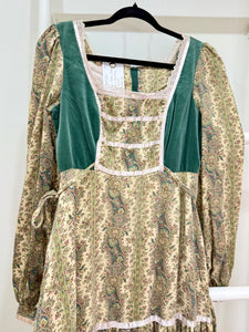 1970s Gunne Sax Green Paisley & Velvet Midi Dress