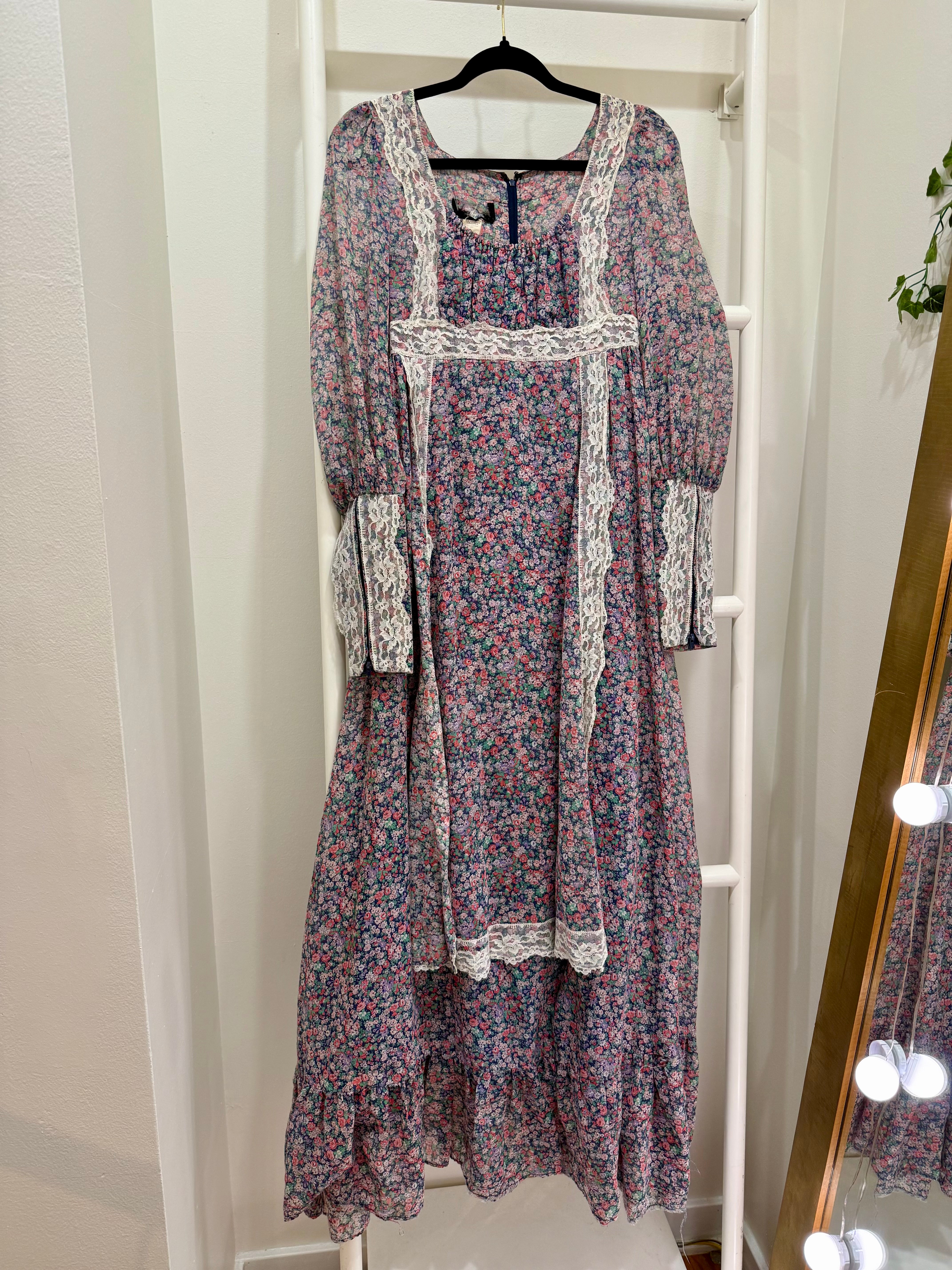 1960s Gunne Sax Black Label Lavender Apron Maxi Dress