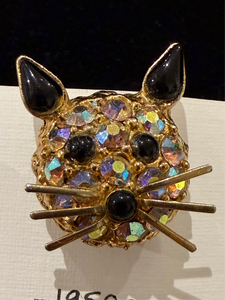 1950s Aurora Borealis Rhinestone Cat Brooch