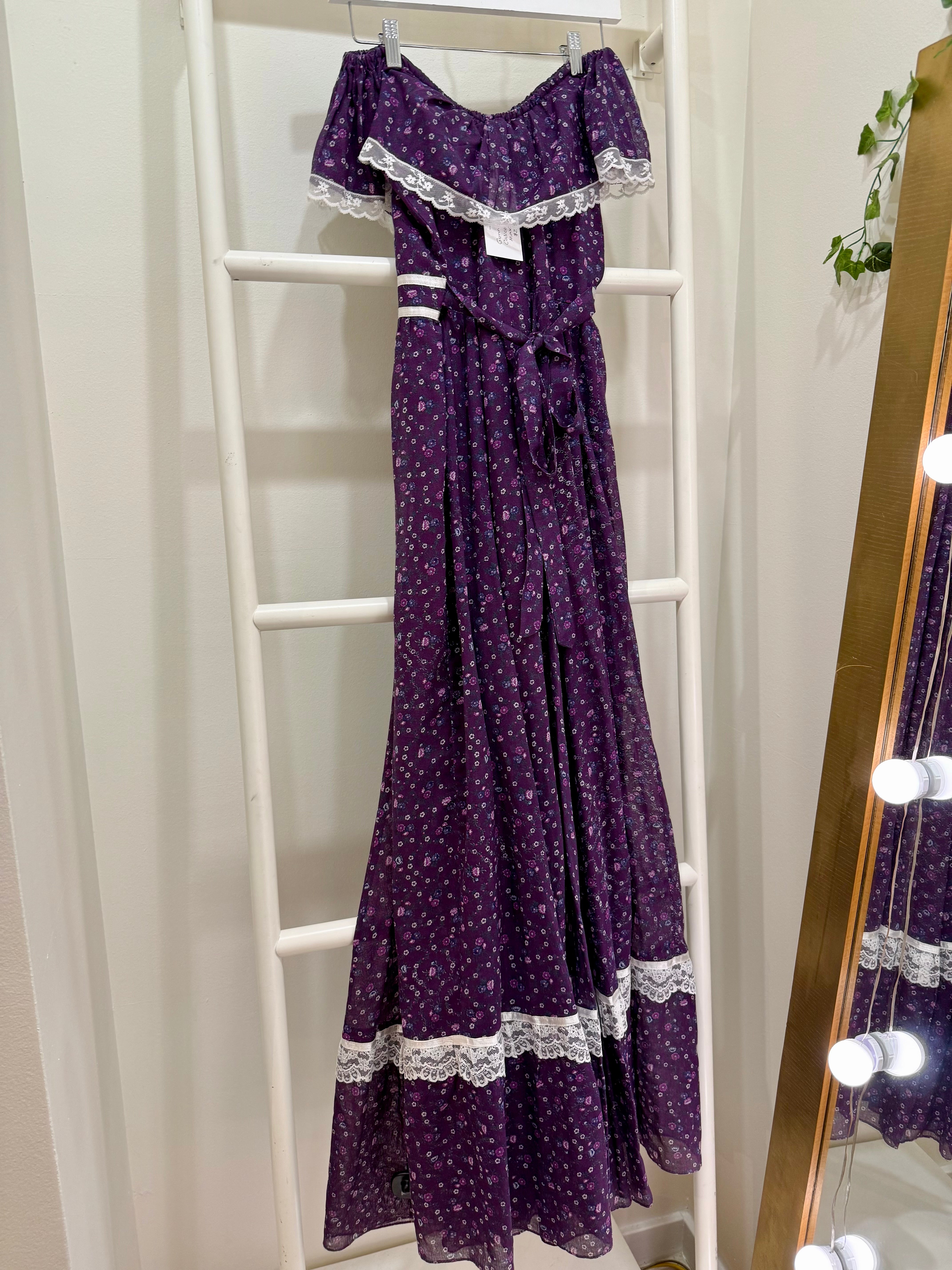 1970s Gunne Sax Purple Calico Off-Shoulder Maxi Dress