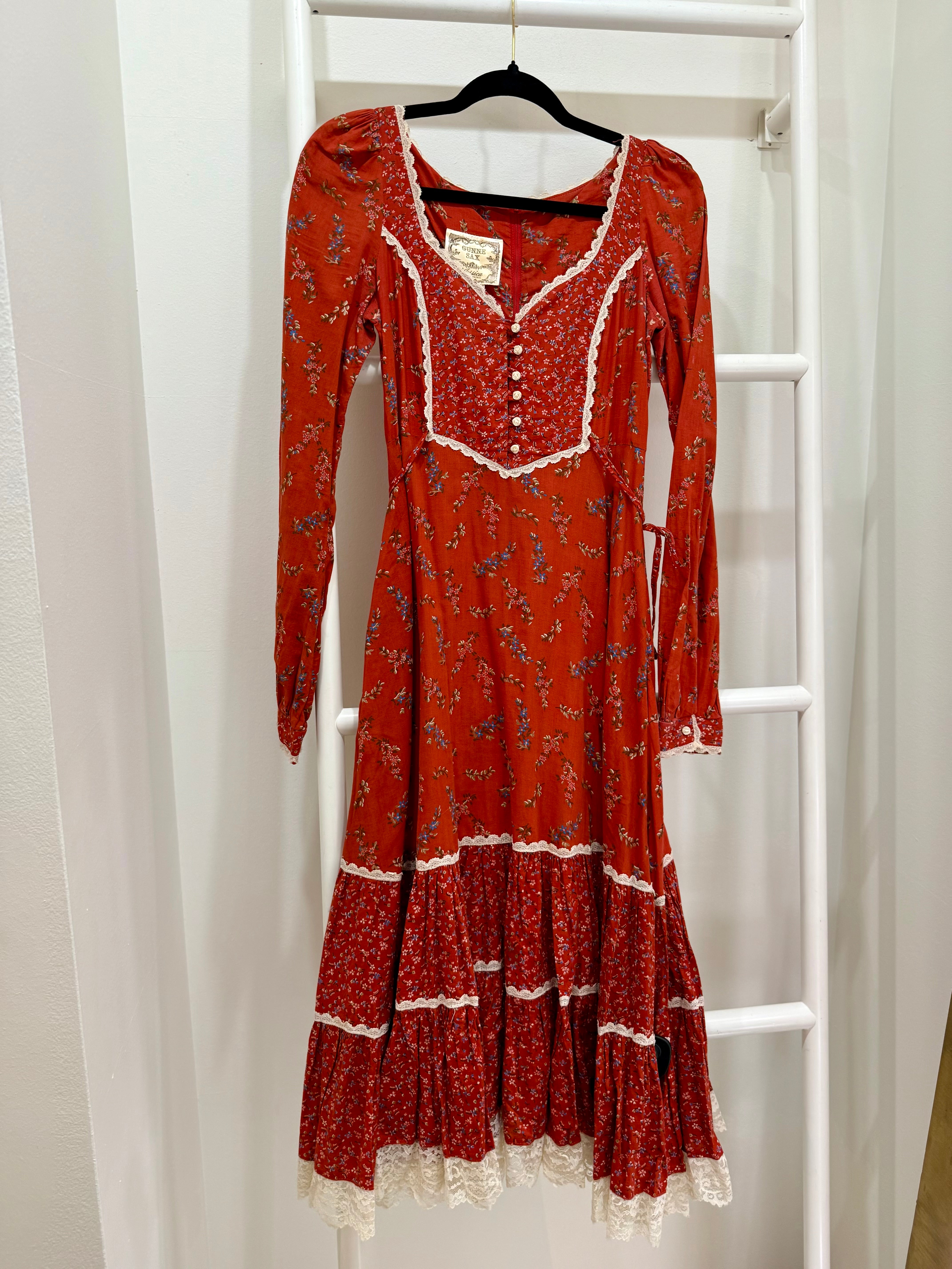 1970s Gunne Sax Red Calico Midi Dress