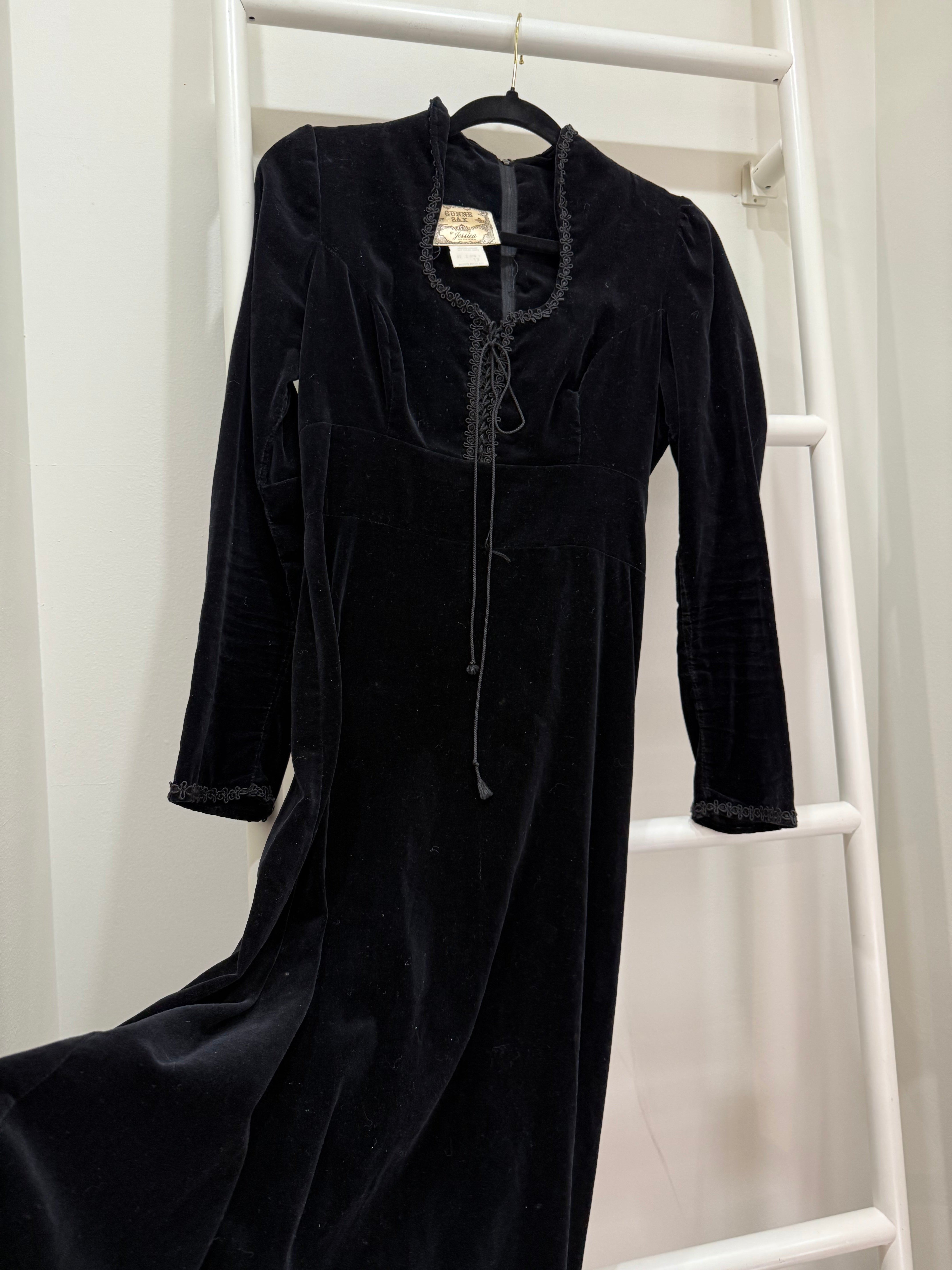 1970s Gunne Sax Black Velvet Gothic Maxi Dress