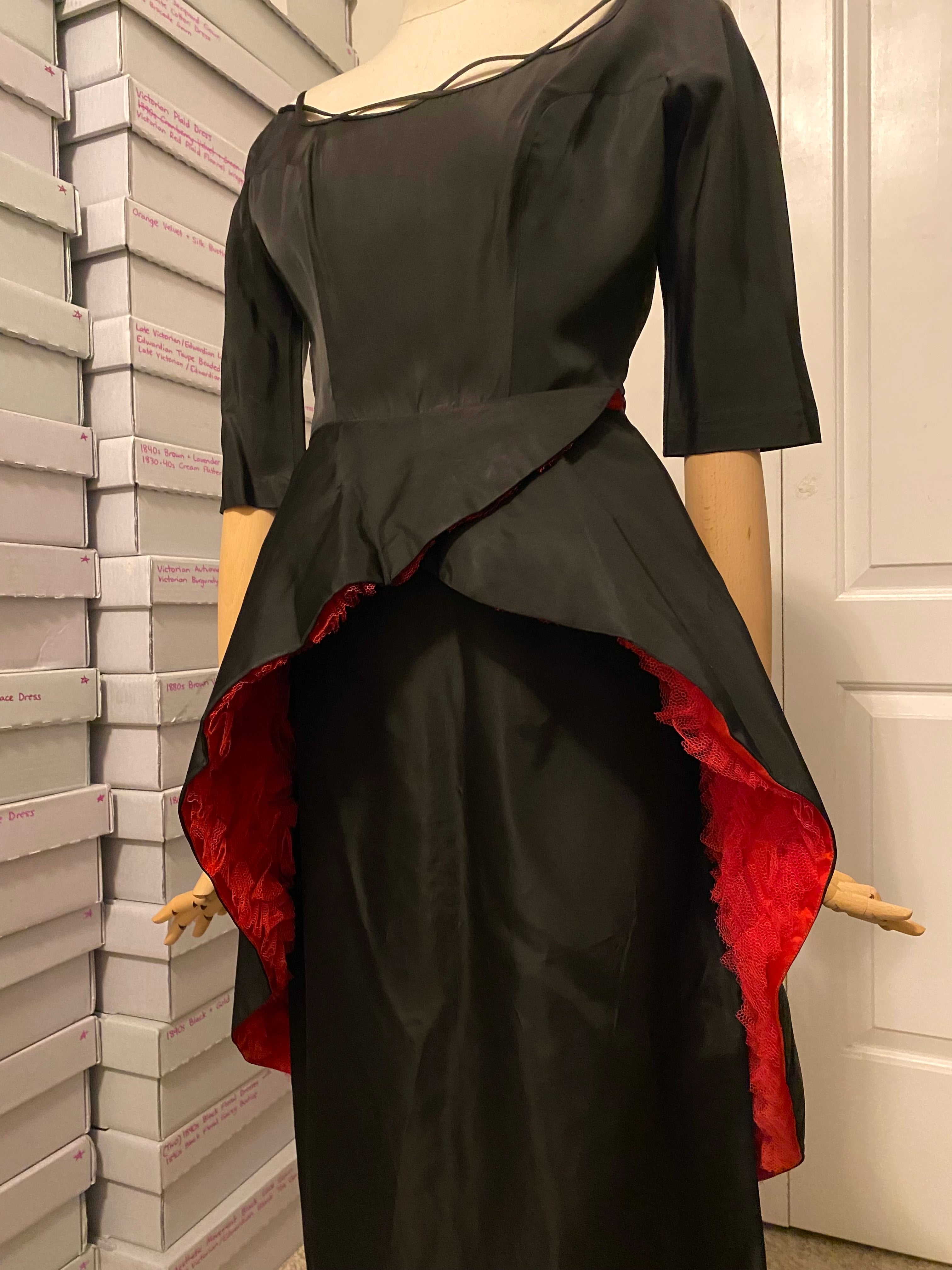 1950s Unlabelled Ceil Chapman Black & Red Peplum Dress