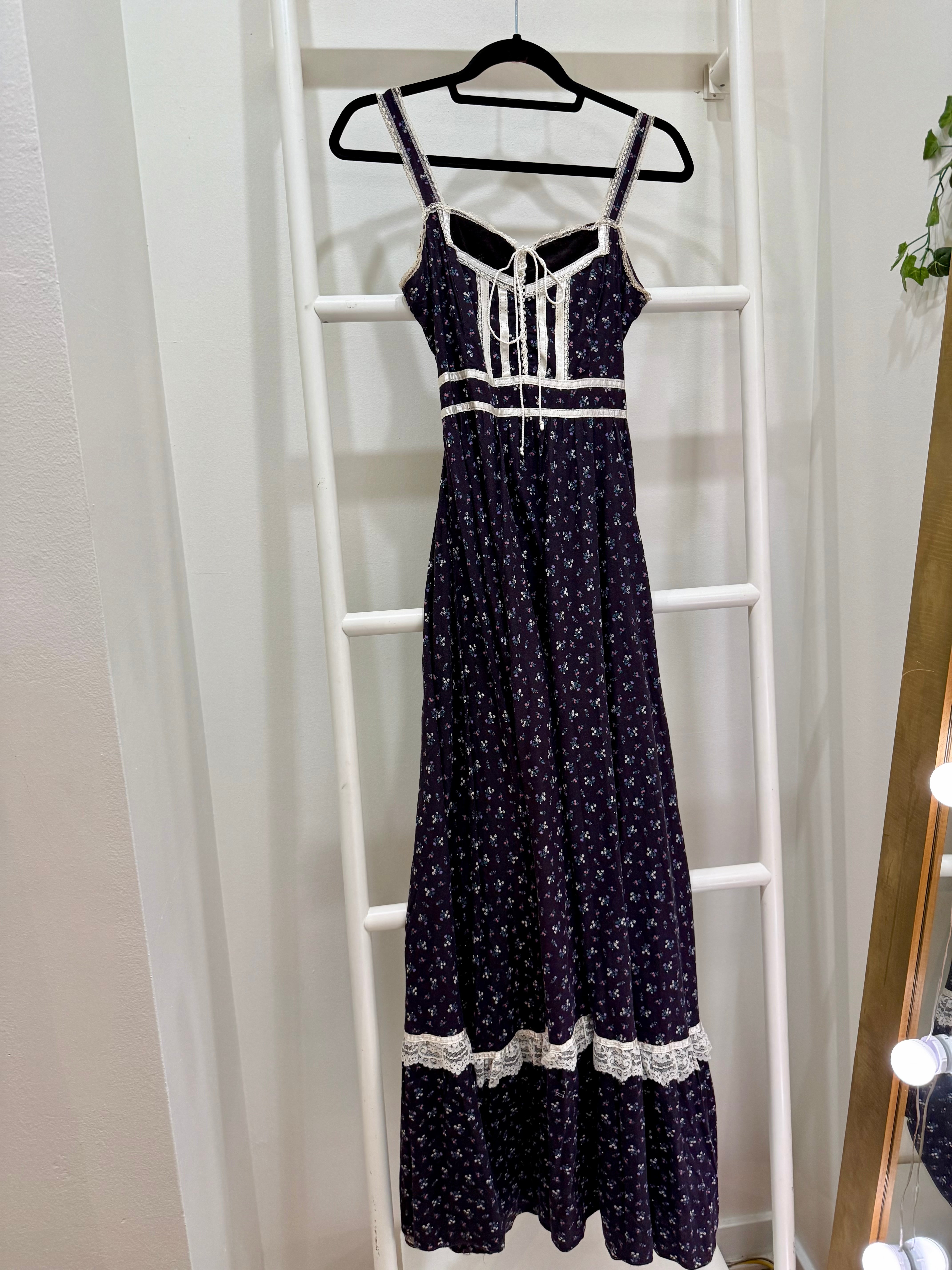 1970s Gunne Sax Black Calico Maxi Sun Dress