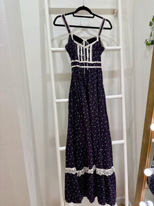 1970s Gunne Sax Black Calico Maxi Sun Dress