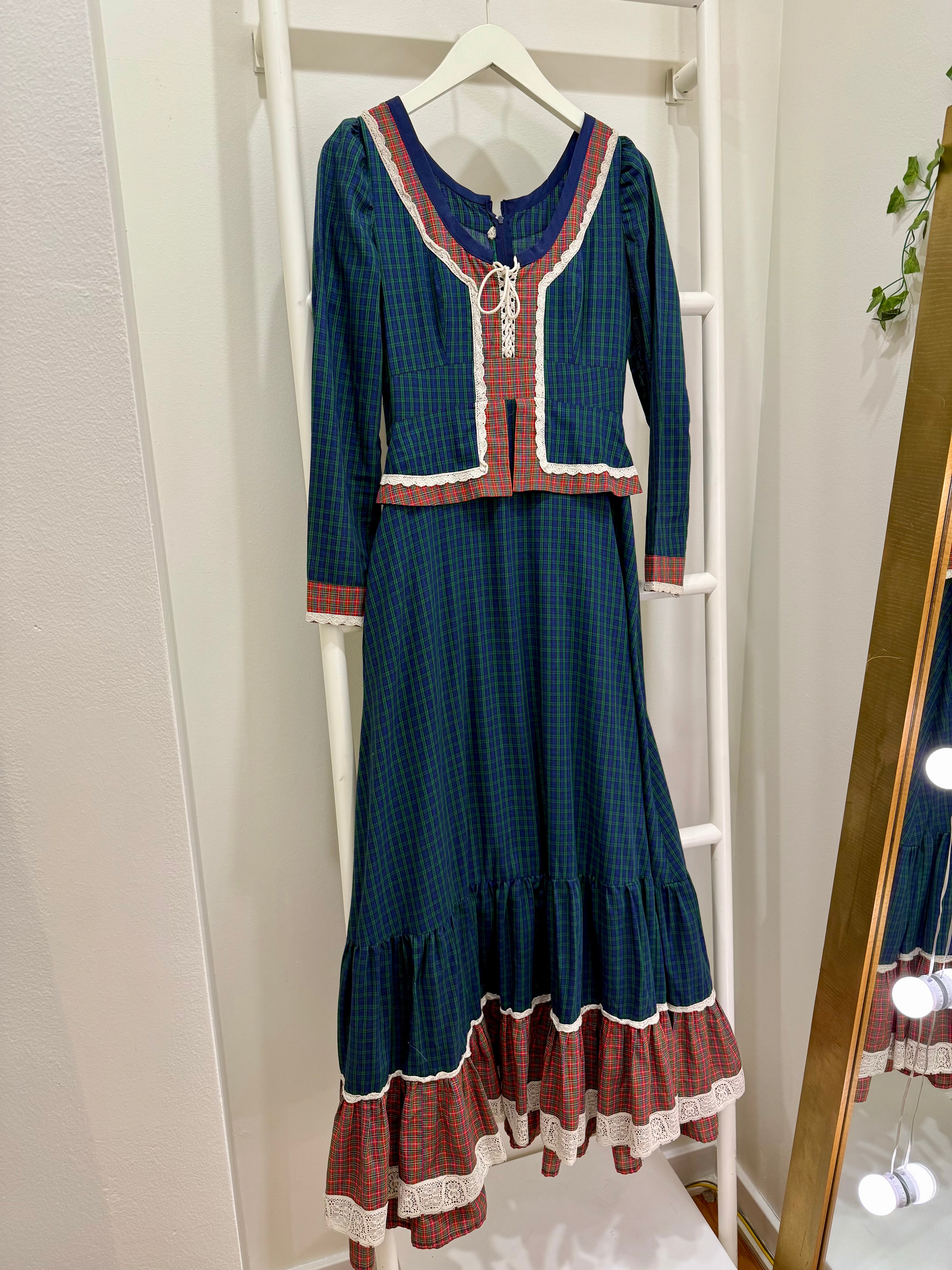 1970s Blue & Red Plaid Peplum Prairie Style Maxi Dress
