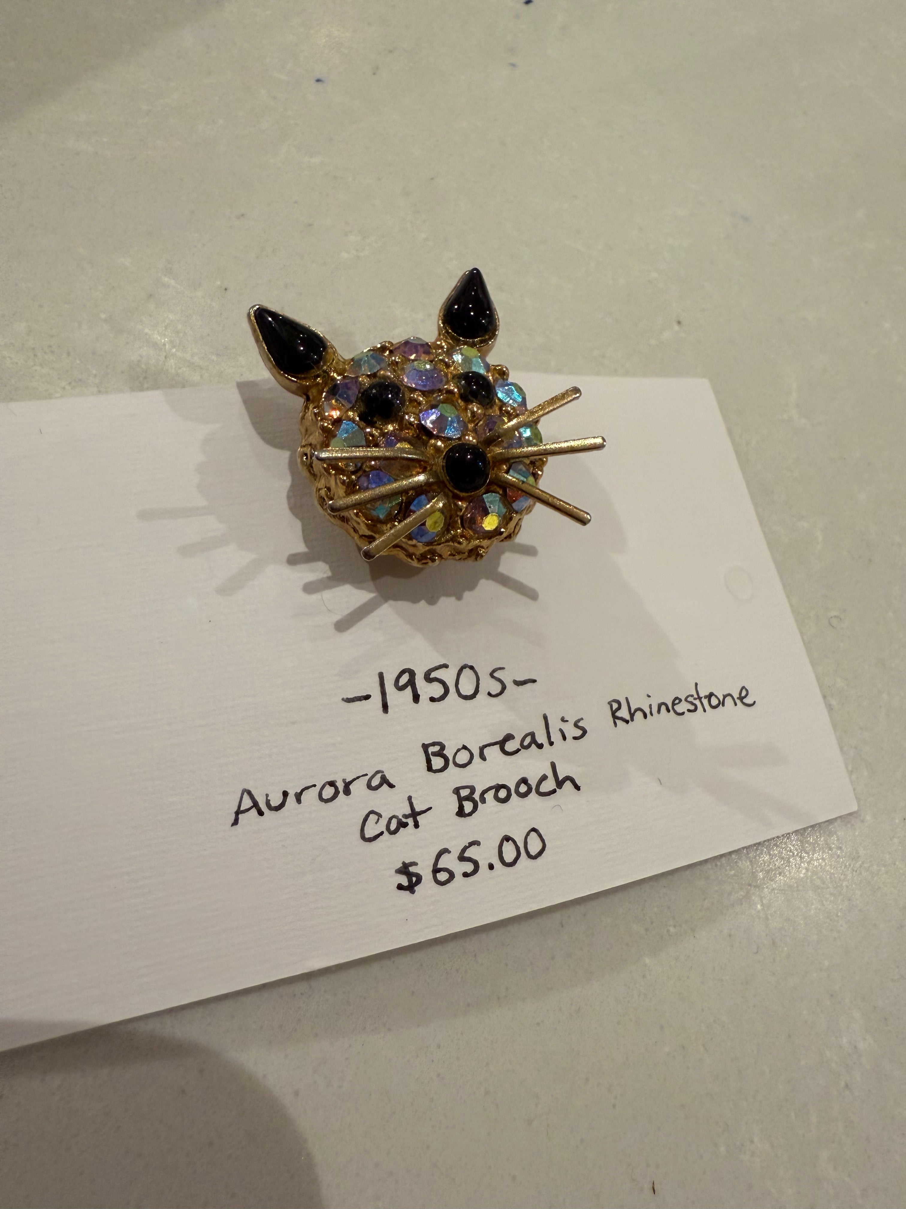 1950s Aurora Borealis Rhinestone Cat Brooch