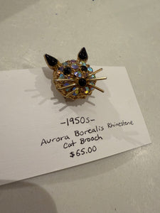 1950s Aurora Borealis Rhinestone Cat Brooch