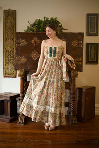 1970s Gunne Sax Green Velvet Floral Maxi Sun Dress & Jacket Ensemble