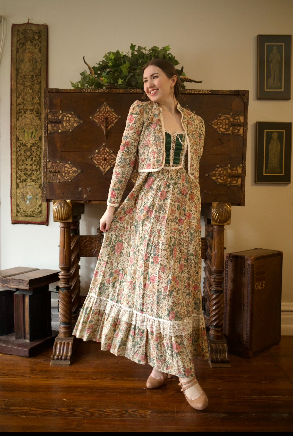 1970s Gunne Sax Green Velvet Floral Maxi Sun Dress & Jacket Ensemble