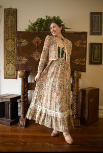 1970s Gunne Sax Green Velvet Floral Maxi Sun Dress & Jacket Ensemble