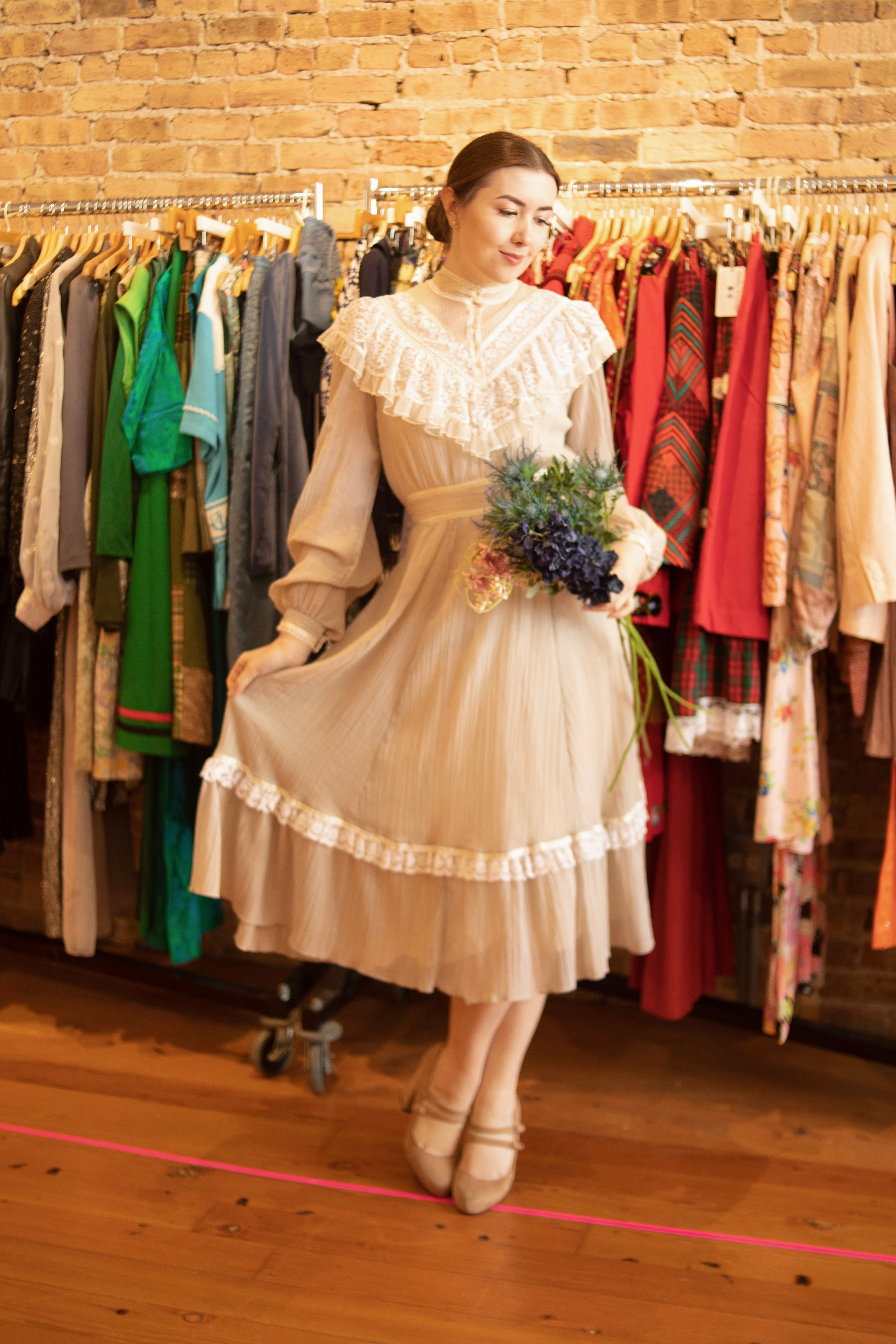 1970s Gunne Sax Gray Ruffle Midi Dress