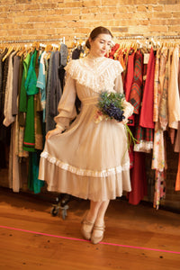 1970s Gunne Sax Gray Ruffle Midi Dress