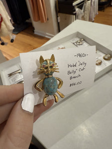 1960s Hobé Signed Blue "Jelly Belly" Cat Brooch