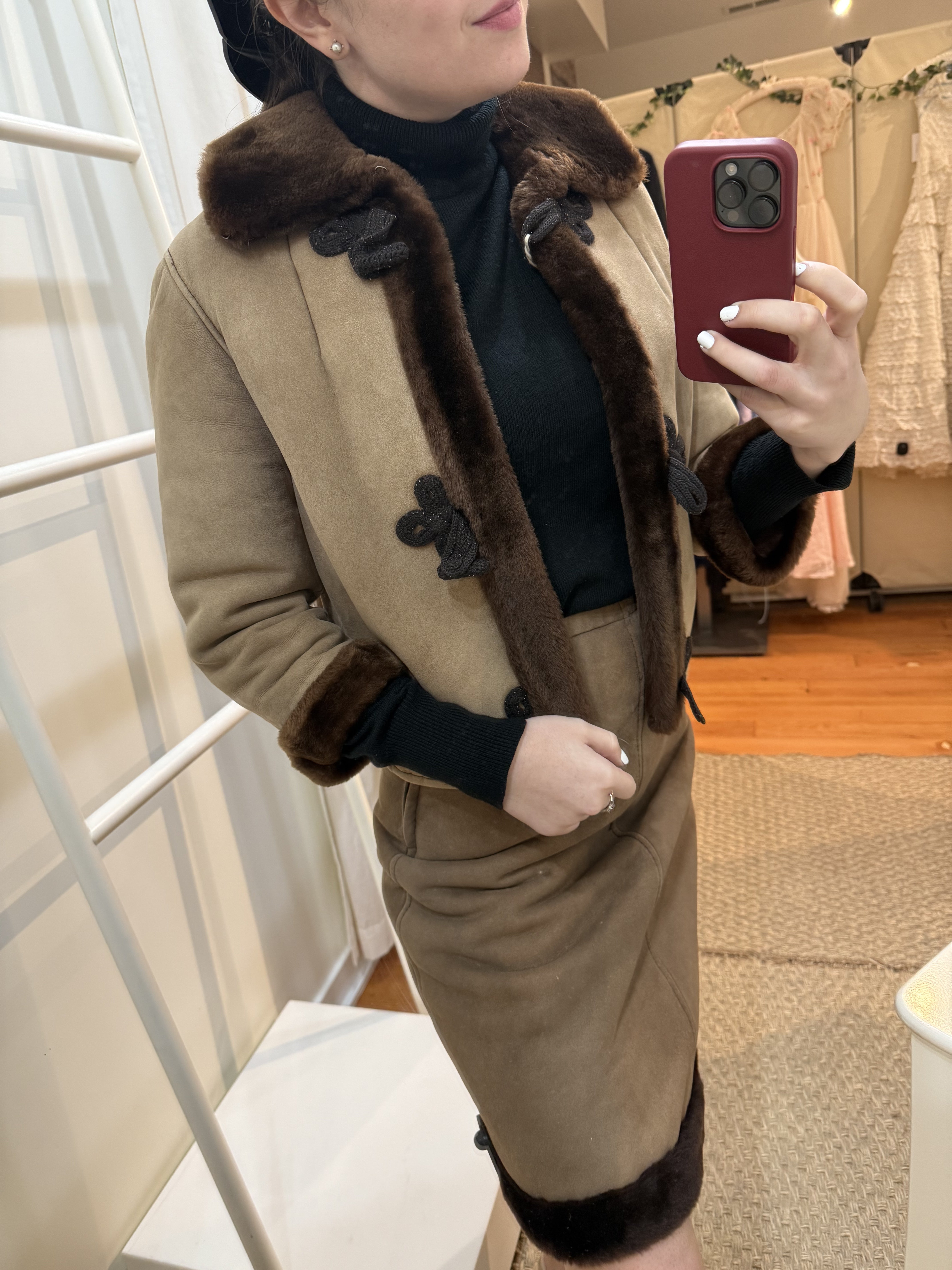 SALE 1960s Genuine Suede & Faux Fur Lined Jacket & Skirt Ensemble