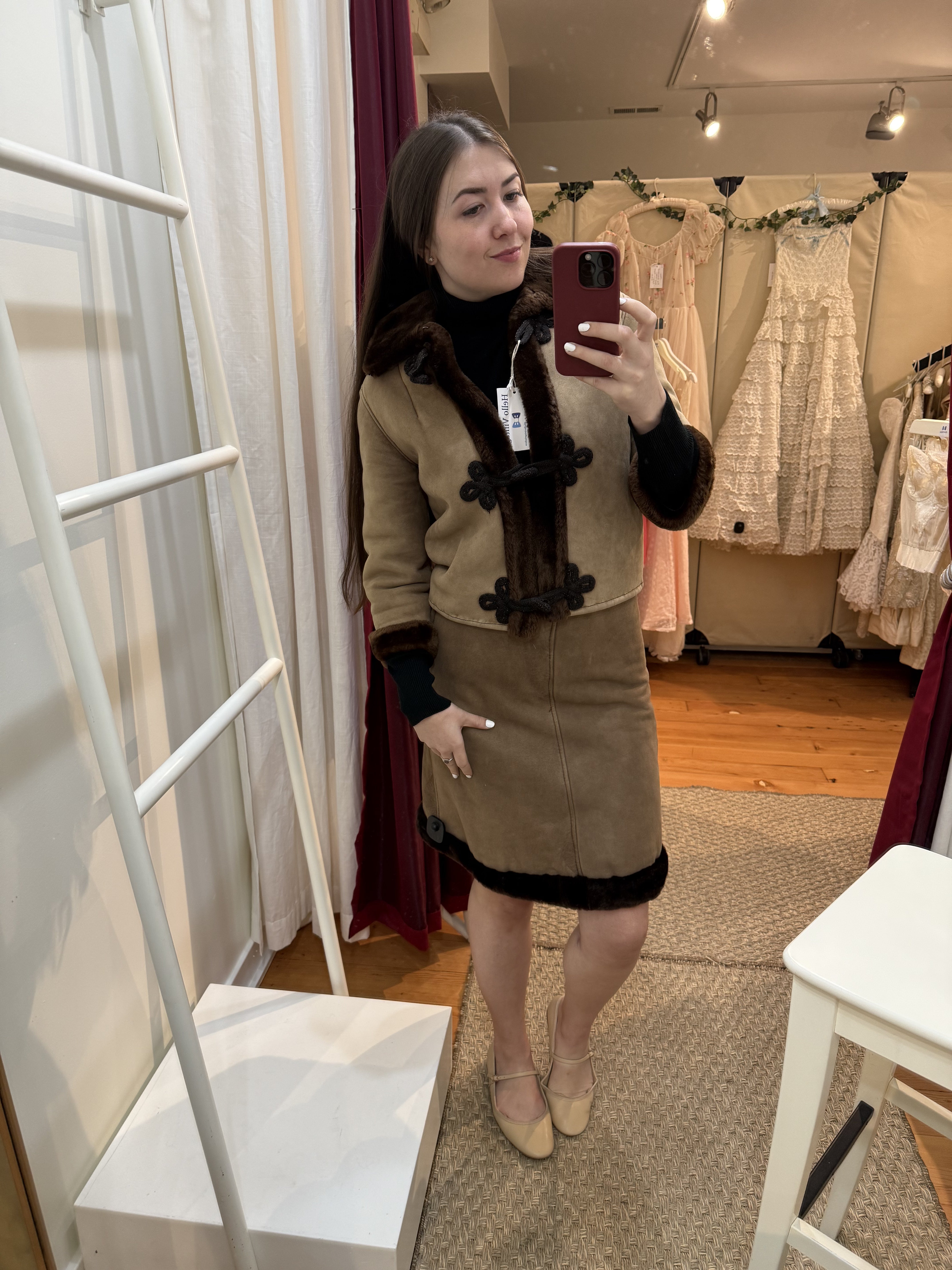 SALE 1960s Genuine Suede & Faux Fur Lined Jacket & Skirt Ensemble