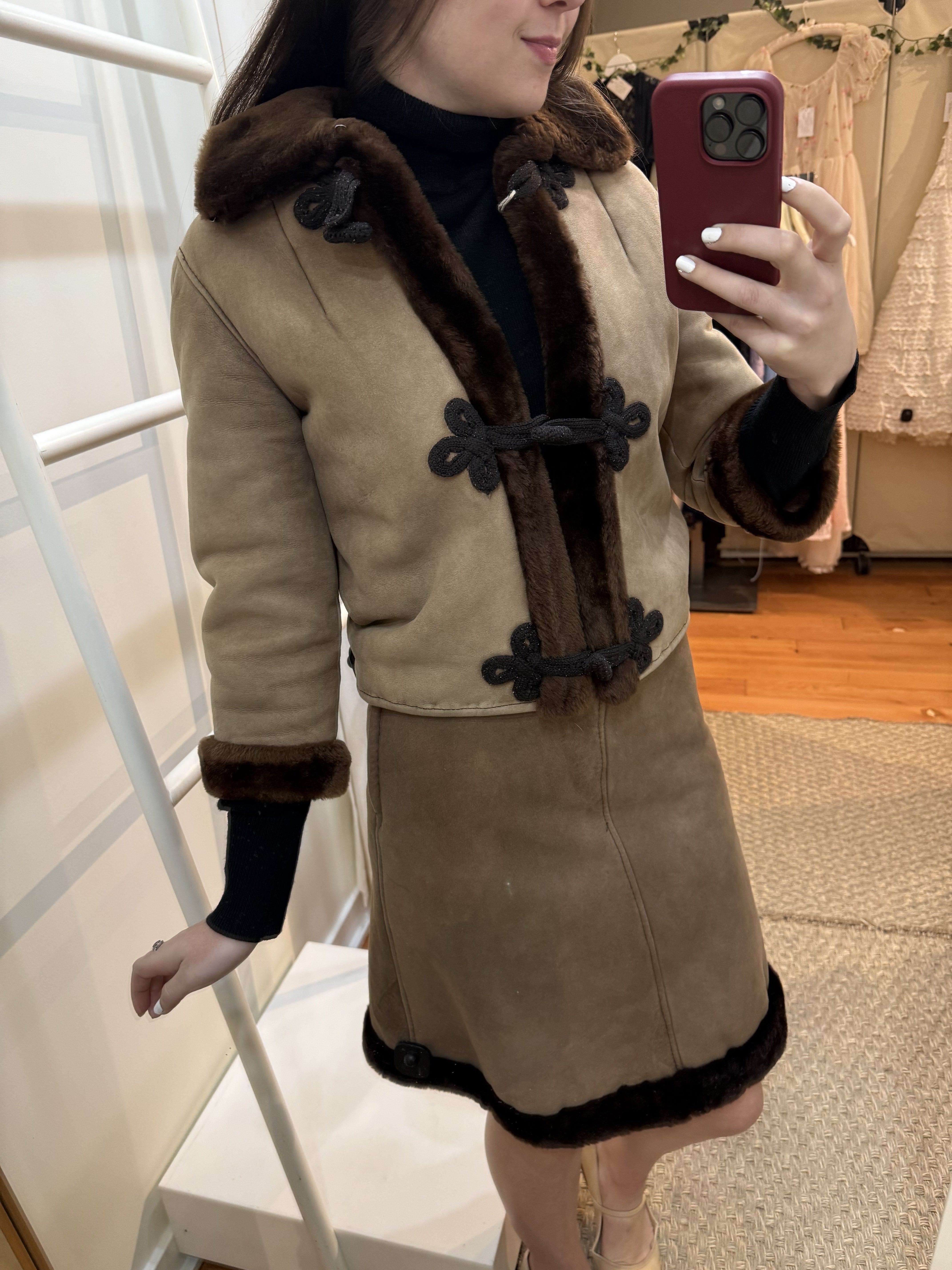 SALE 1960s Genuine Suede & Faux Fur Lined Jacket & Skirt Ensemble