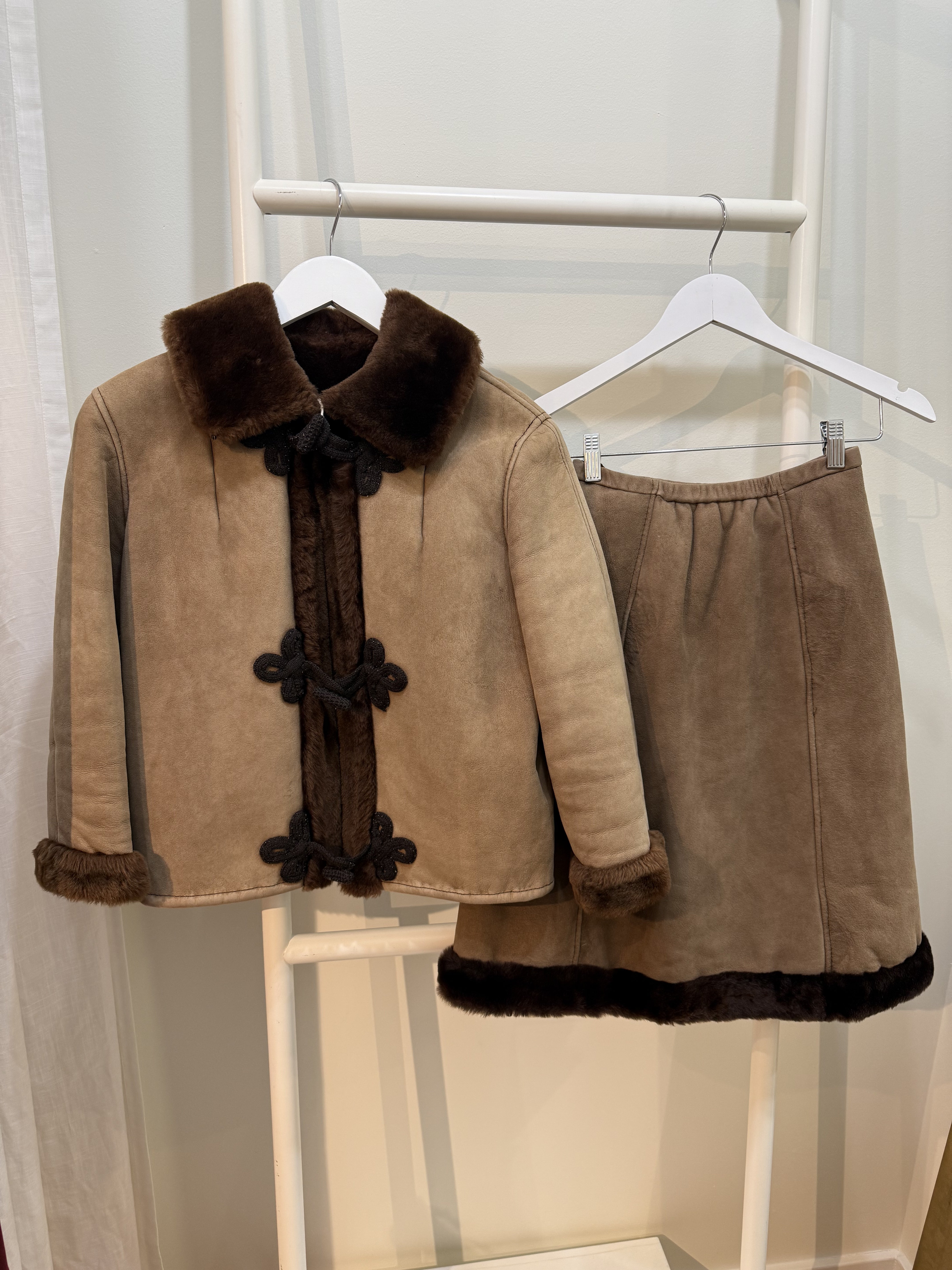 SALE 1960s Genuine Suede & Faux Fur Lined Jacket & Skirt Ensemble